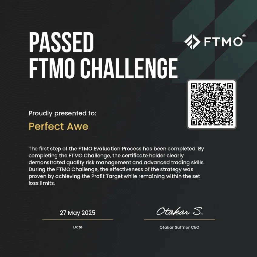 FTMO challenge certificate for Perfect Awe