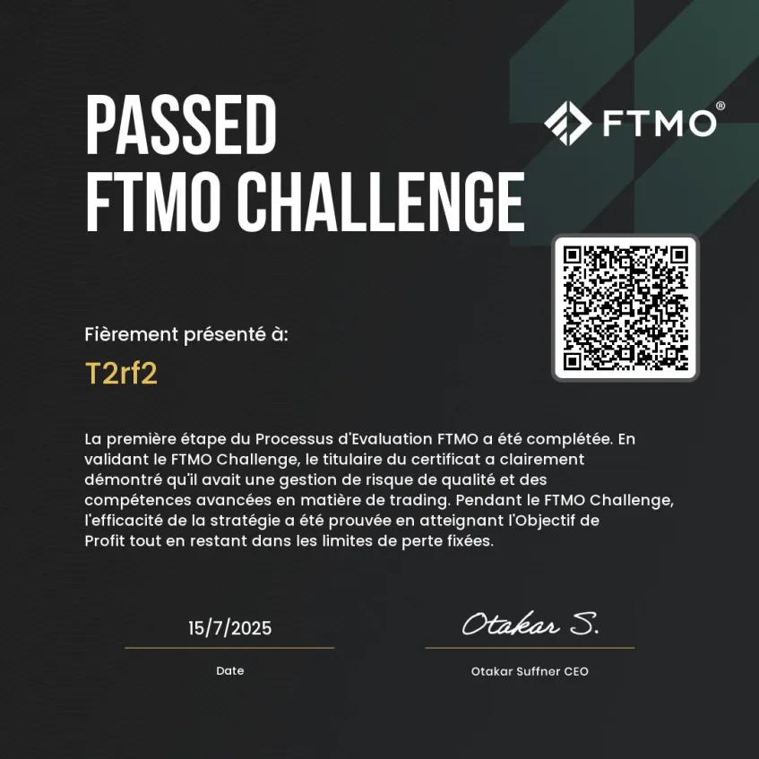 FTMO challenge certificate for T2rf2