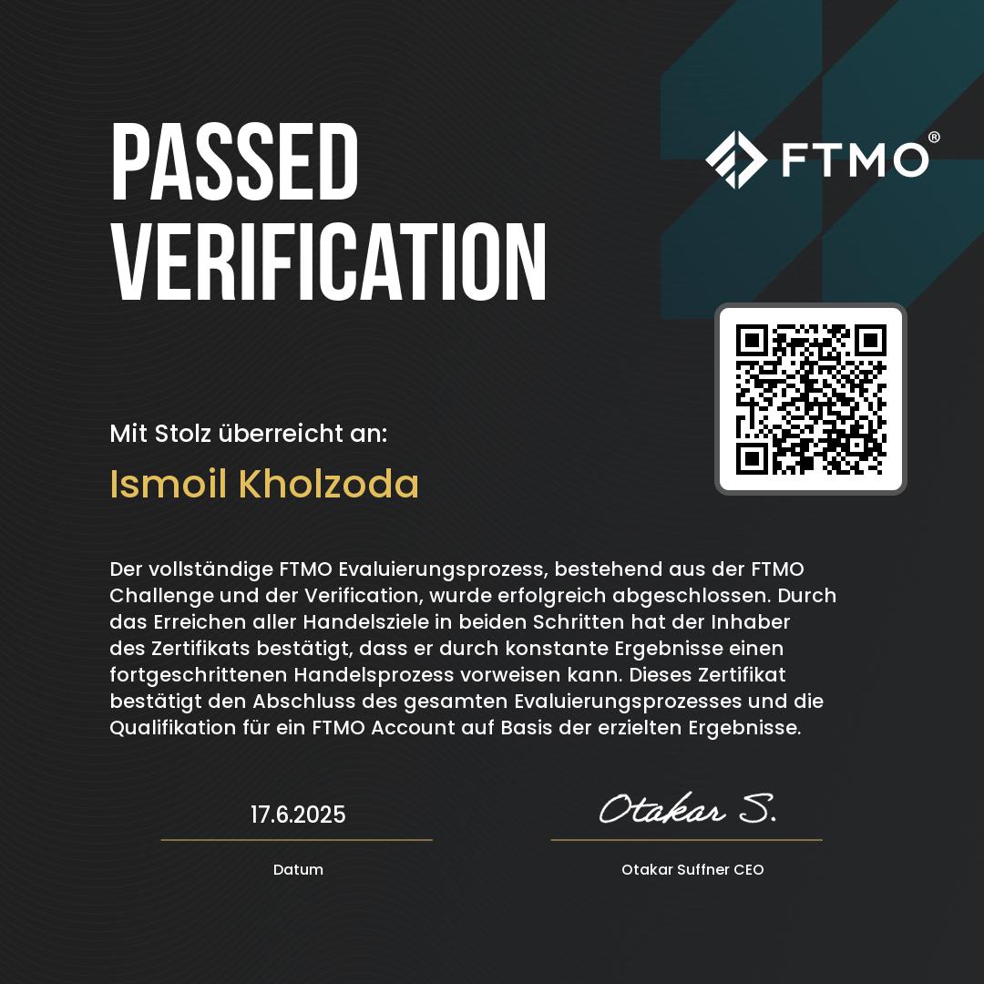 FTMO verification certificate for Ismoil Kholzoda