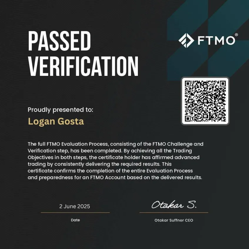 FTMO verification certificate for Logan Gosta