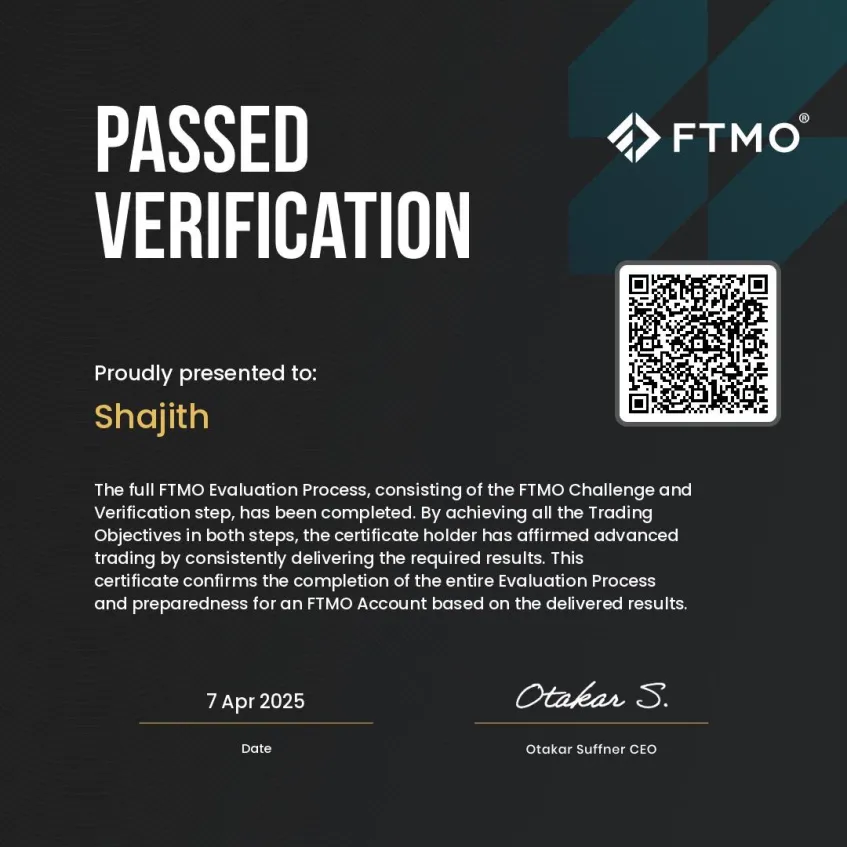 FTMO verification certificate for Shajith