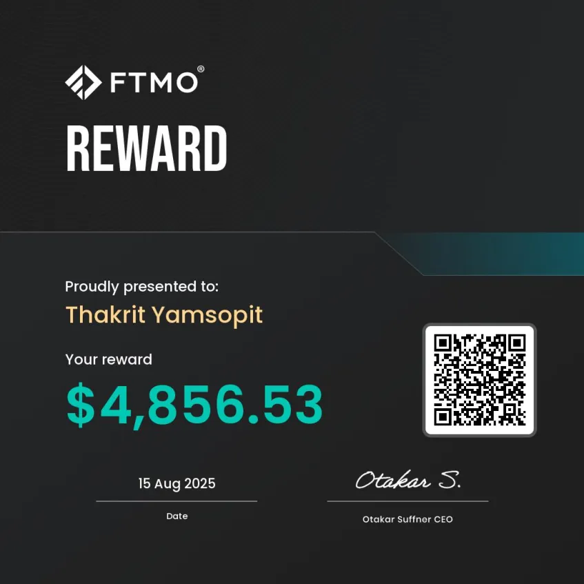 FTMO payout certificate for Thakrit Yamsopit